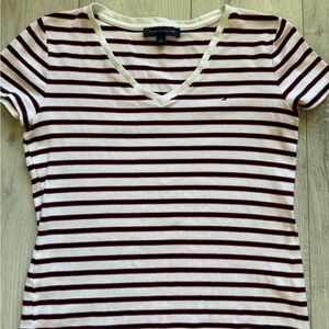 Tommy Hilfiger Women's Short Sleeve Red, White & Blue Striped Tee—Size Large—Y2K